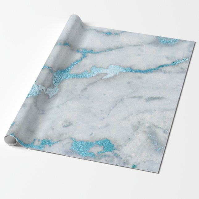 Havsblå vita Grått Marble Shiny-borstar Presentpapper (Utrullad)