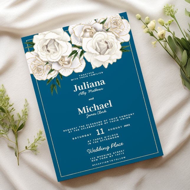 Havsblå vita guld glitter rosor blommande Bröllop Inbjudningar (Sea blue white gold glitter roses floral Wedding )