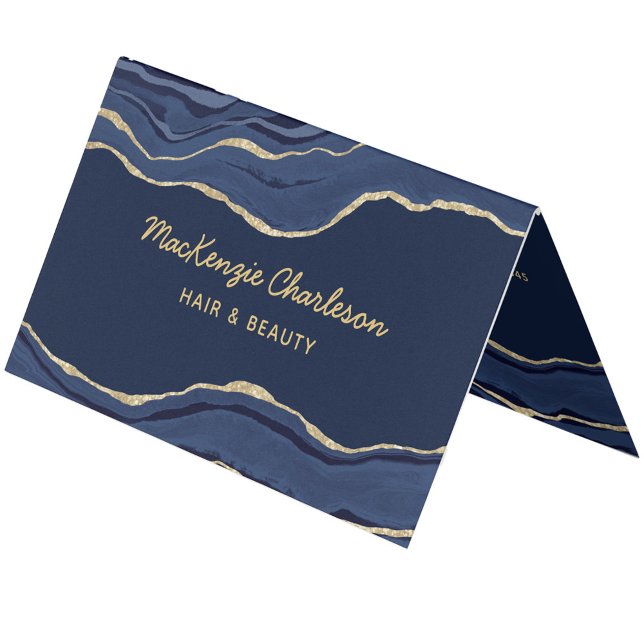 Havsblåmarble Agate Geode Guld Glitter Visitkort (Navy blue marble agate geode gold custom text folded business card)