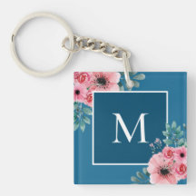 Havsblått | Blommigt Photo Monogram-Nyckelring