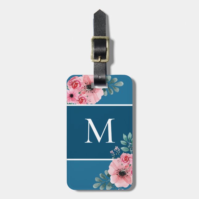 havsblått | Enkel Blommigt i Färg Block Monogram Bagagebricka (Vertikal Framsida)