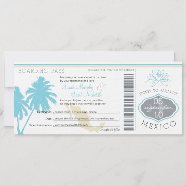 Havsblått Handflatan-Träd Mexiko-boardingkort Bröl Inbjudningar (Front)