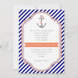 Havsblått, korallankare och rand nautiska bröllop inbjudningar