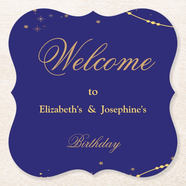 Havsblått med guld stjärnor, dubbla-födelsedag underlägg papper (Framsida)