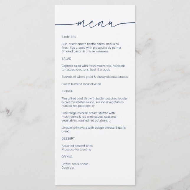 Havsblått ・ Modern, minimalistisk Bröllop Meny (Framsida)