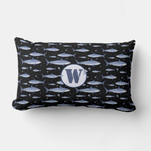 Havsblått Monogram Vattenfärgshajar + maneter Lumbarkudde