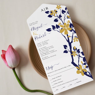Havsblått och guld gren med blommor bröllop