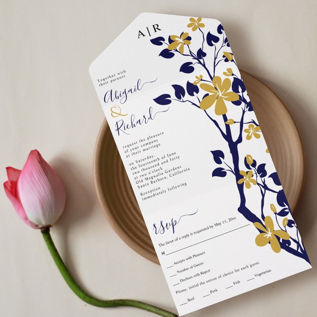 Havsblått och guld gren med blommor bröllop (Skapare uppladdad)
