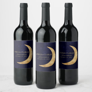 Havsblått och Guld Måne Quinceañera Vinflaska Etikett