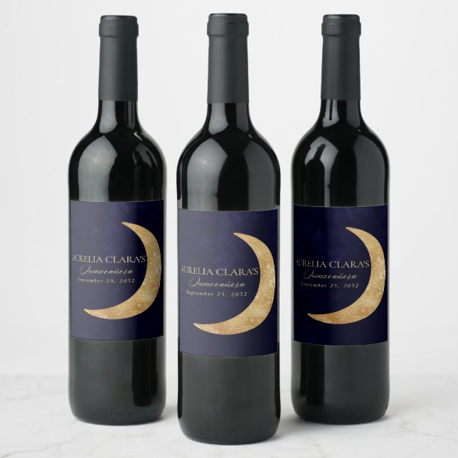 Havsblått och Guld Måne Quinceañera Vinflaska Etikett (Flaskor)