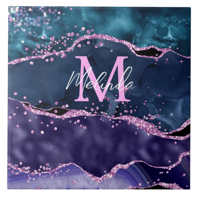 Havsblått och Lila Glitter Ocean Agate Kakelplatta (Framsidan)