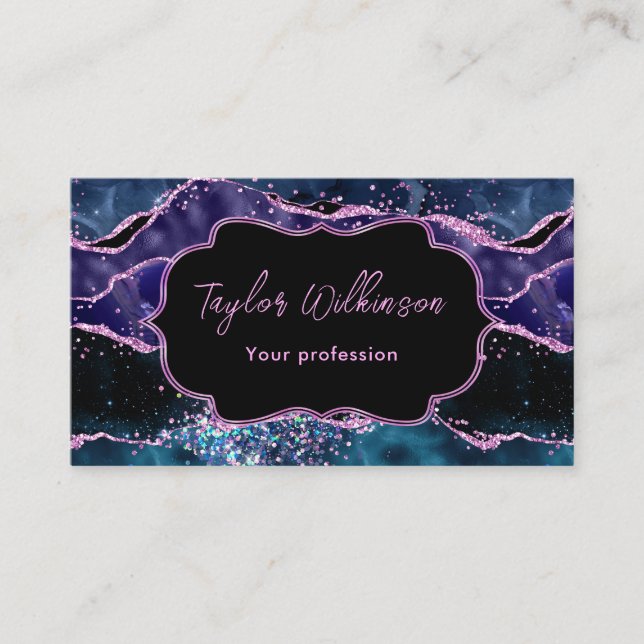 Havsblått och Lila Glitter Ocean Agate Visitkort (Framsida)