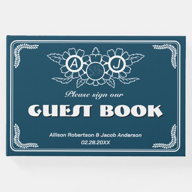 Havsblått och vitt Bröllop-gäst Bok (Framsida)