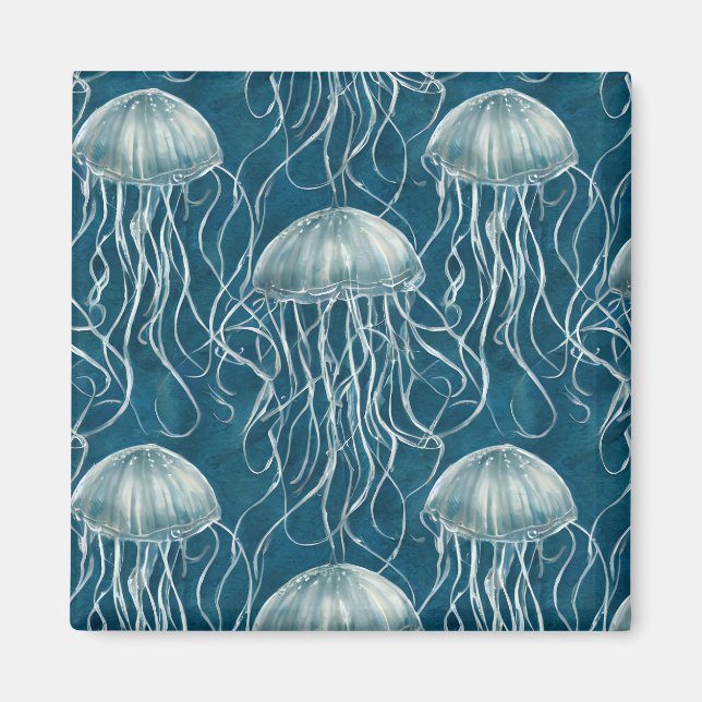 Havsblått och vitt geléfisk Mönster Magnet (Framsidan)