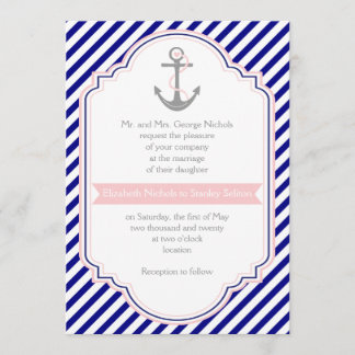 Havsblått, rosa ankare och rand sjömil bröllop inbjudningar