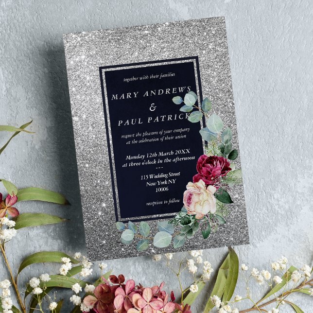 Havsblått rosa mint silver glitter blommigt Bröllo Inbjudningar (Navy blue pink mint silver glitter floral Wedding )