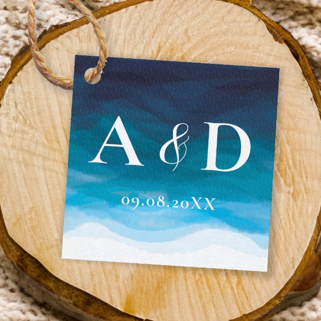 Havsblått Vinkara vattenfärgsbröllop - Märkre Gåvor Etiketter (Skapare uppladdad)