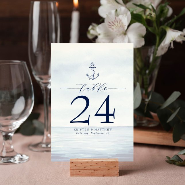 Havsbottenblått havets vattenfärg bordsnummer (Watercolor ocean nautical anchor design table number card is perfect for your wedding reception.)