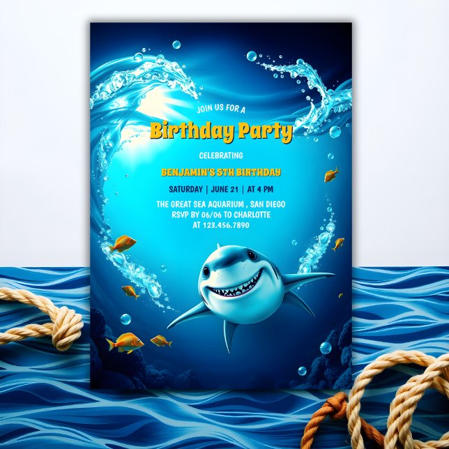 Havsdag Äventyr För barn Shark Birthday Inbjudningar (Ocean Adventure For Kids Fun Shark Birthday Invitation)