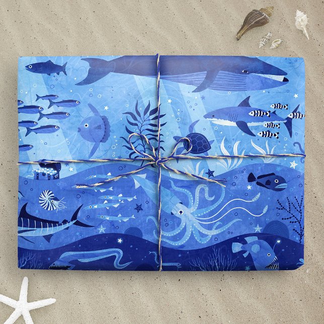 Havsdjupszoner - Undervattensdjur L Presentpapper (Ocean Depth Zones - Undersea Animals L wrapping paper gift mockup)