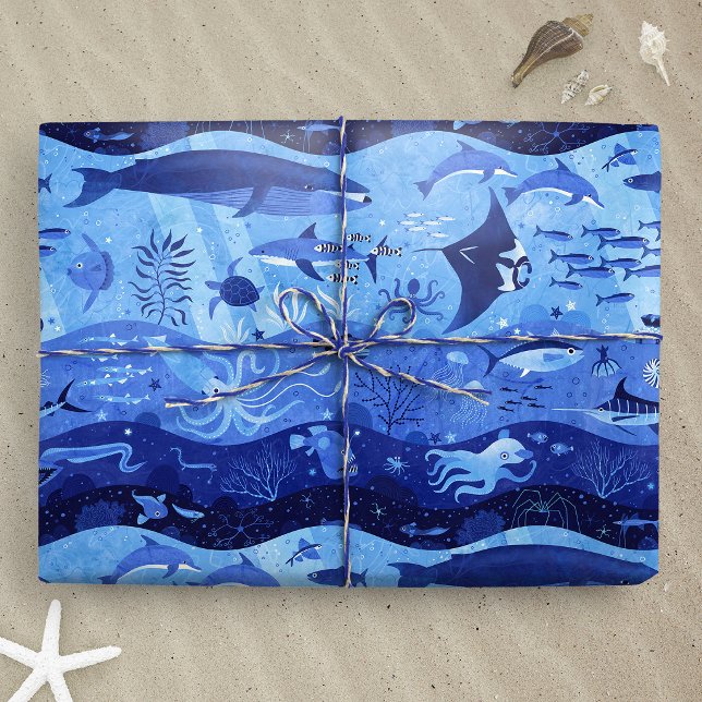 Havsdjupszoner - Undervattensdjur M Presentpapper (Ocean Depth Zones - Undersea Animals M wrapping paper gift mockup)