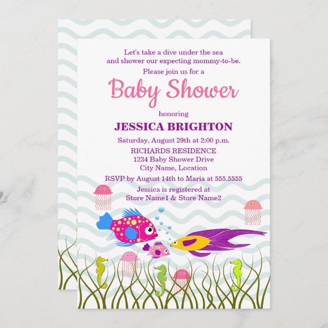 Havsdjur Baby Shower Inbjudningar (Fram/baksida)