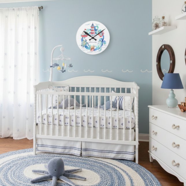 Havsdjur, båt och fyr på nautiskt tema rund klocka (Skapare uppladdad)