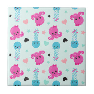 Havsdjur, havslevande, bläckfisk, maneter, örter kakelplatta