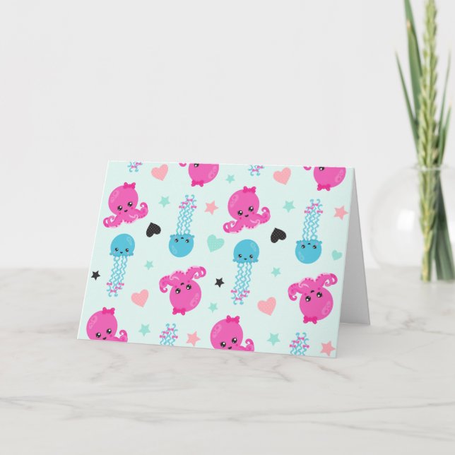 Havsdjur, havslevande, bläckfisk, maneter, örter kort (Framsida)