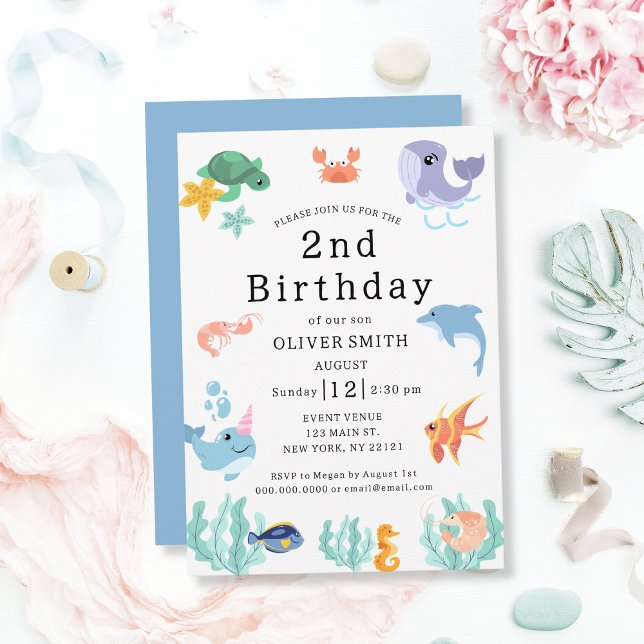 Havsdjur - inbjudan till andra födelsedagspartiet (Sea Animals Kids 2nd Birthday Party Invitation)