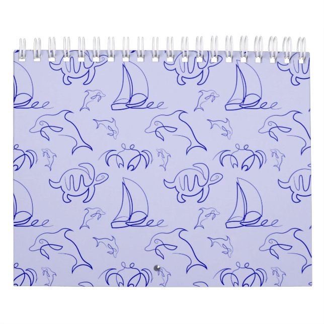 Havsdjur och segelbåt en linje teckning mönster kalender (Omslag)