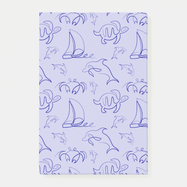 Havsdjur och segelbåt en linje teckning mönster post-it block (Framsida)