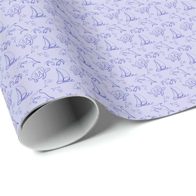 Havsdjur och segelbåt en linje teckning mönster presentpapper (Rullad Hörn)