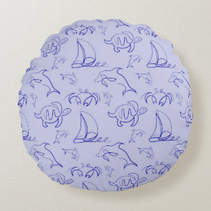 Havsdjur och segelbåt en linje teckning mönster rund kudde