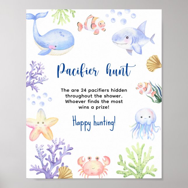 Havsdjur - Sugspelet Pacifier hunt baby shower Poster (Framsidan)