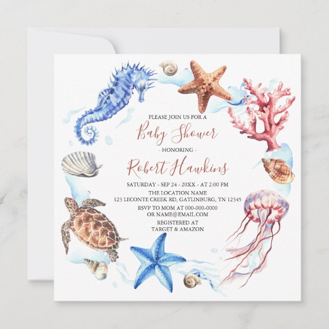 Havsdjur under inbjudan till Sea Baby Shower (Framsida)