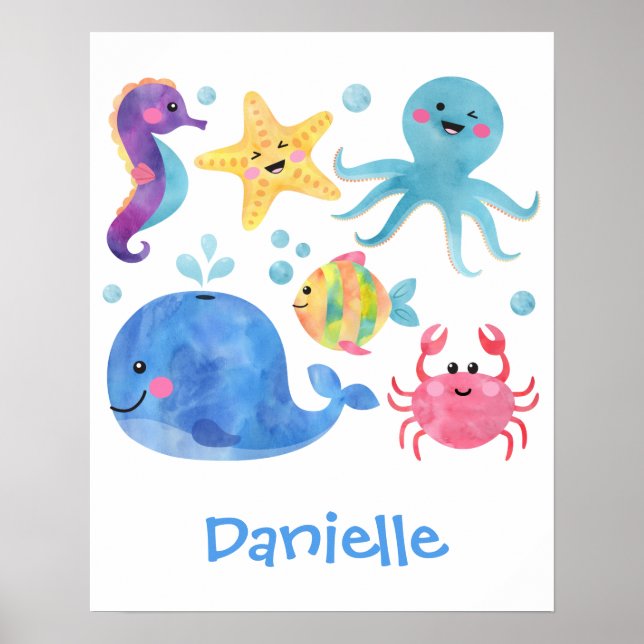 havsdjur, vattenfärgsdjur, fisk, val poster (Framsidan)