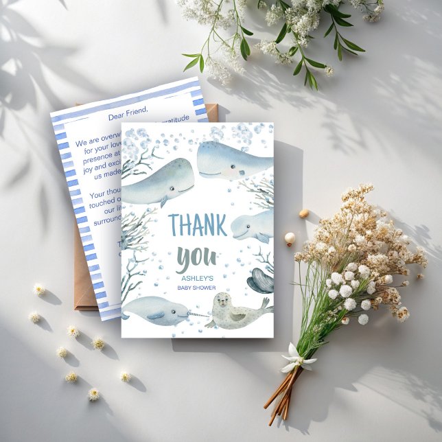 Havsdusch och havsvattensjöfart tack kort (Ocean and sea sea marine nautical baby shower thank you cards cute whales seal sea creatures)