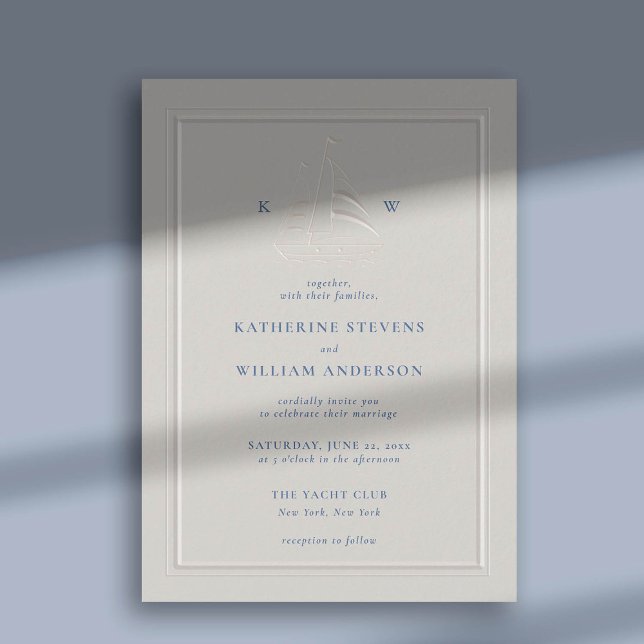 Havsfågel Faux Embossed Modern Classic Bröllop Inbjudningar (nautical beach boat yacht coastal ocean wedding invitation faux embossed typography ecru navy blue)