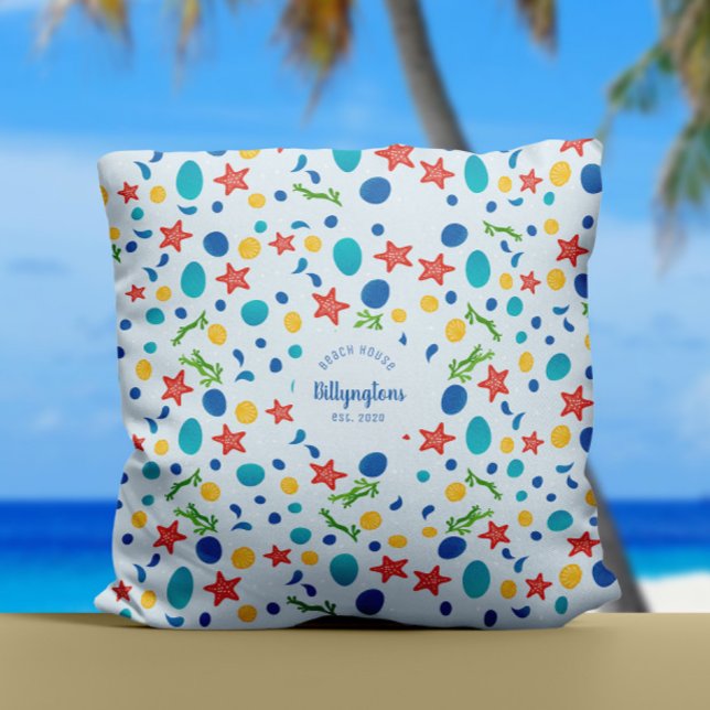 Havsfamiljens anpassningsbar i strandhuset i namn kudde (Personalized family home decor pillow with custom family name and sea collage ocean pattern)