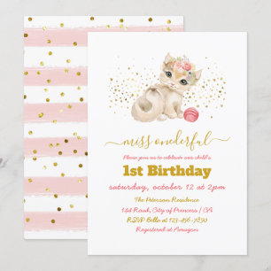 Havsfärg Baby Cat och Flowers 1:a födelsedag Party Inbjudningar