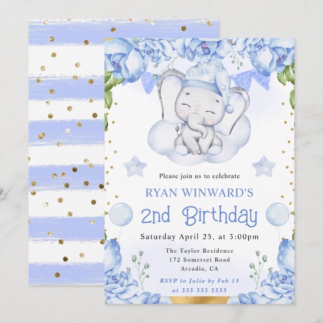 Havsfärg Cute Elephant och Blue Ro Birthday Inbjudningar (Fram/baksida)
