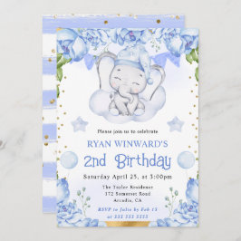 Havsfärg Cute Elephant och Blue Ro Birthday Inbjudningar