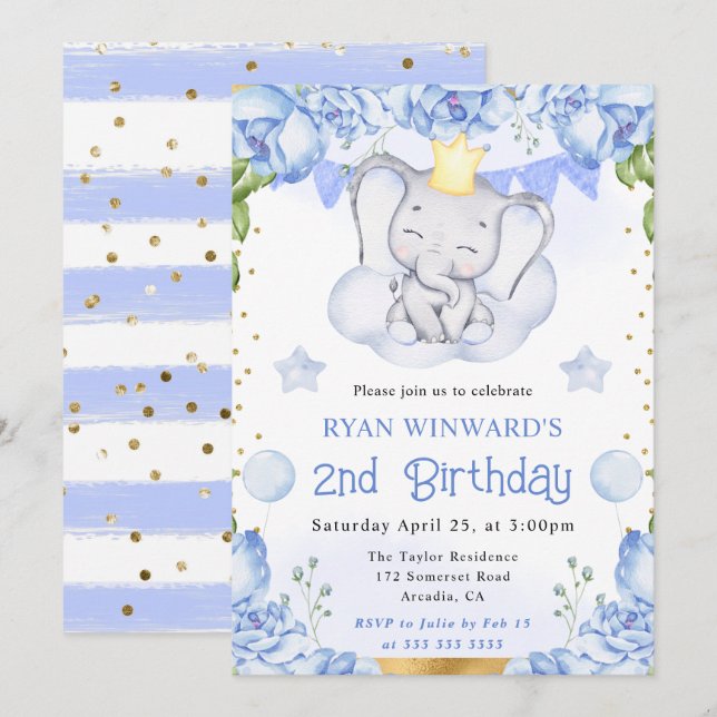 Havsfärg Cute Elephant och Blue Ro Birthday Inbjudningar (Fram/baksida)