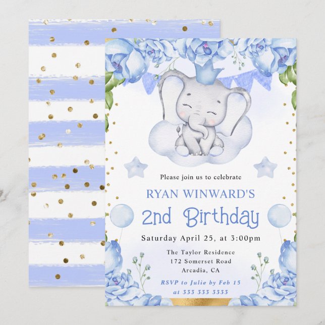 Havsfärg Cute Elephant och Blue Ro Birthday Inbjudningar (Fram/baksida)