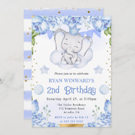 Havsfärg Cute Elephant och Blue Ro Birthday Inbjudningar