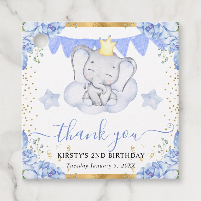 Havsfärg Elephant och Blue Ro Birthday Gåvor Etiketter (Framsida)
