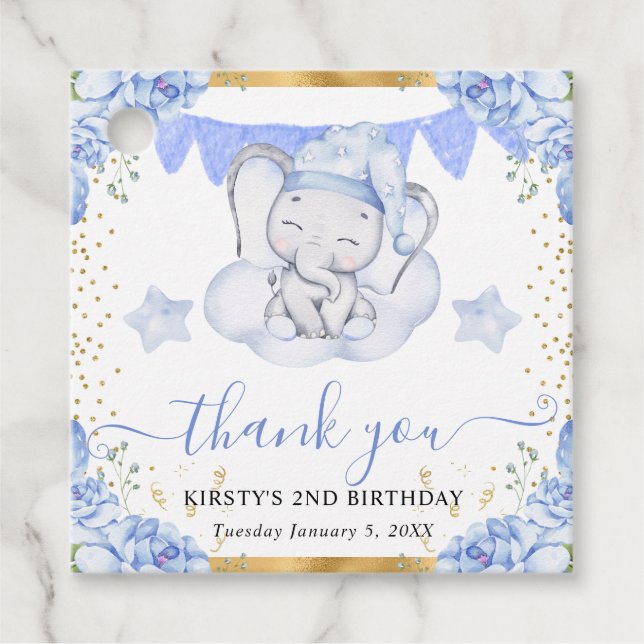Havsfärg Elephant och Blue Ro Birthday Gåvor Etiketter (Framsida)