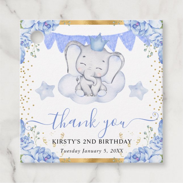 Havsfärg Elephant och Blue Ro Birthday Gåvor Etiketter (Framsida)