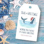 Havsfärg i valbeläggningen Nautisk jul Presentetikett<br><div class="desc">Tillsätt lite nautisk roligt till presenter med de här Juletiketterna med en vattenfärgsval med en julhatt som simmar i havet med ljus som dekorerar svan. Hälsningen "Seas & Hälsning" och "Wishing you a val of a bra jul",  tillsammans med namn kan vara personlig. Art av KL Lagrar</div>